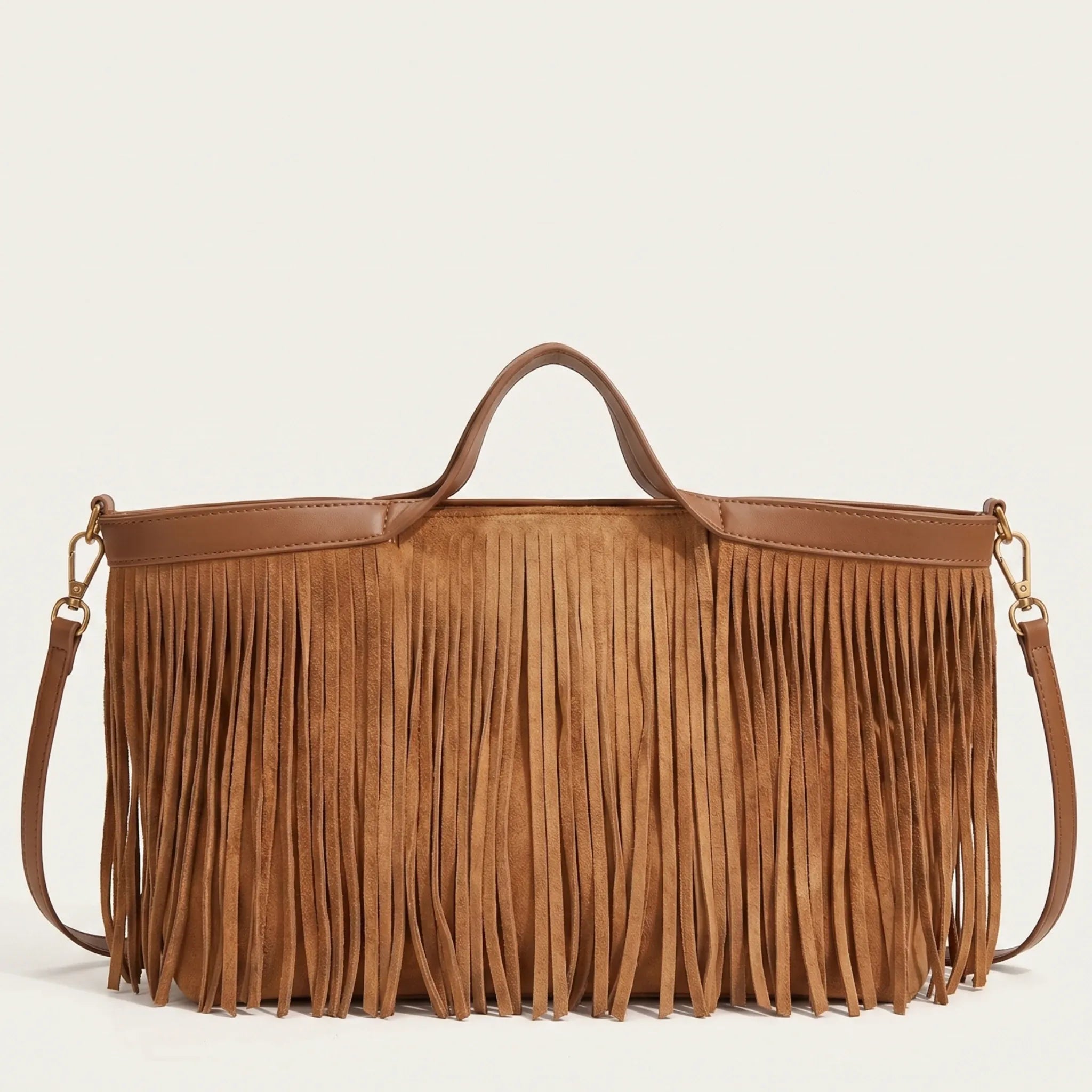Sac cabas allongé a frange Marron