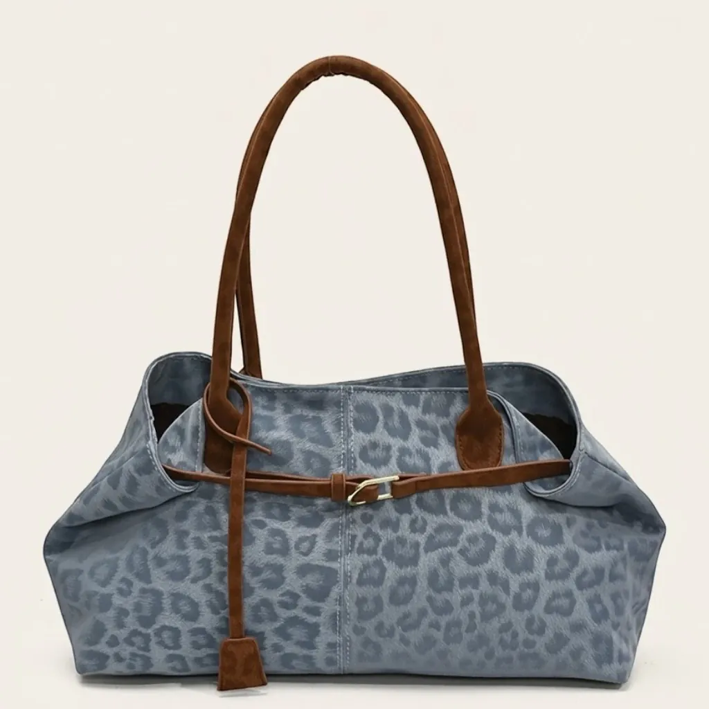 Cabas suédine imprimé léopard ceinture Bleu