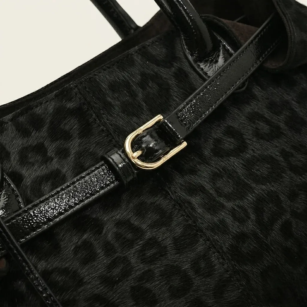 Cabas suédine imprimé léopard ceinture Noir