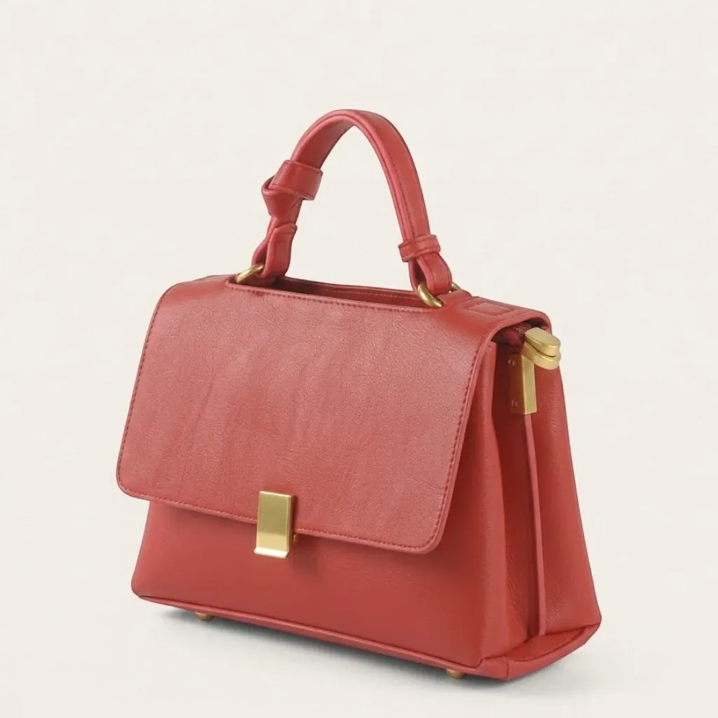 Sac a main cartable cuir vegan fermoir métal doré Rouge