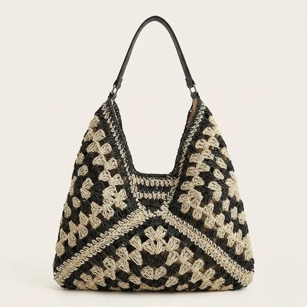 Grand sac hobo crochet bicolore noir