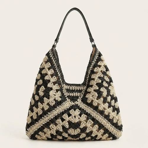 Grand sac hobo crochet bicolore noir