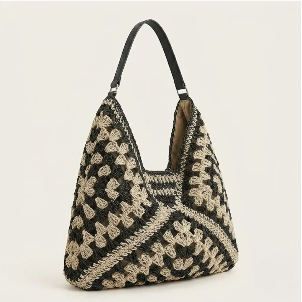 Grand sac hobo crochet bicolore noir