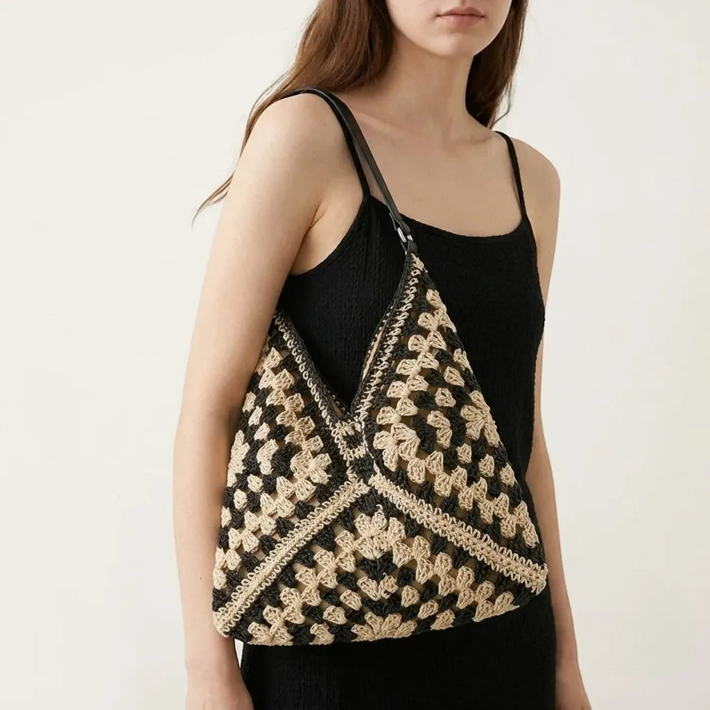Grand sac hobo crochet bicolore noir