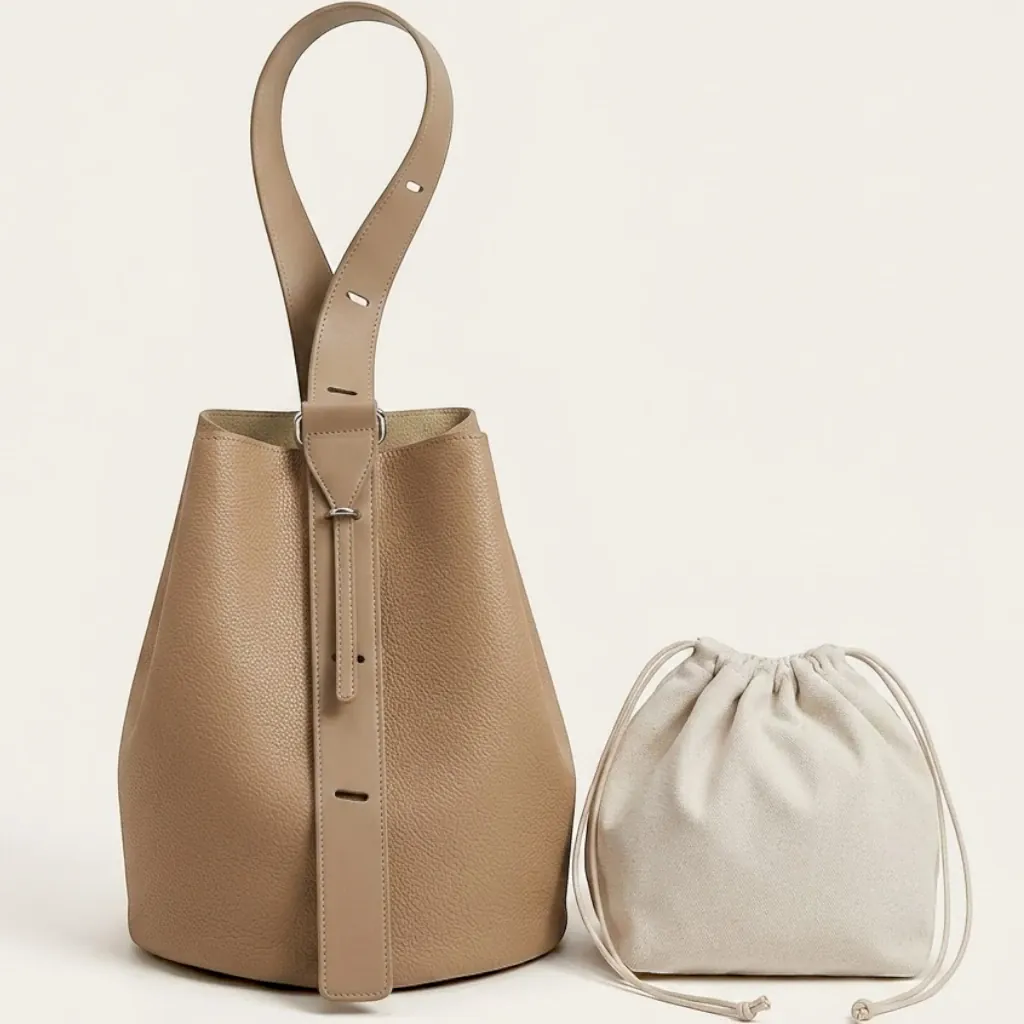 Grand sac seau cuir vegan minimaliste Khaki