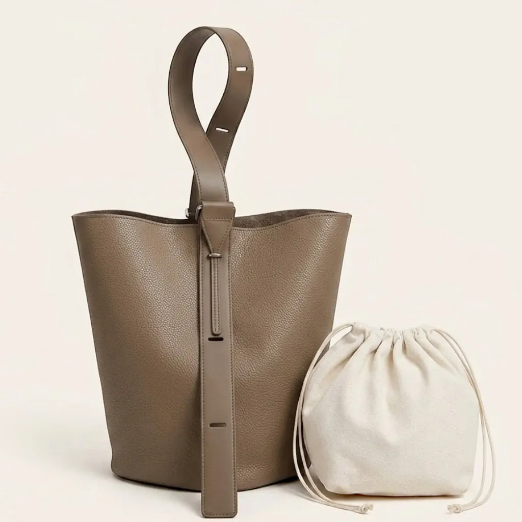 Grand sac seau cuir vegan minimaliste Taupe