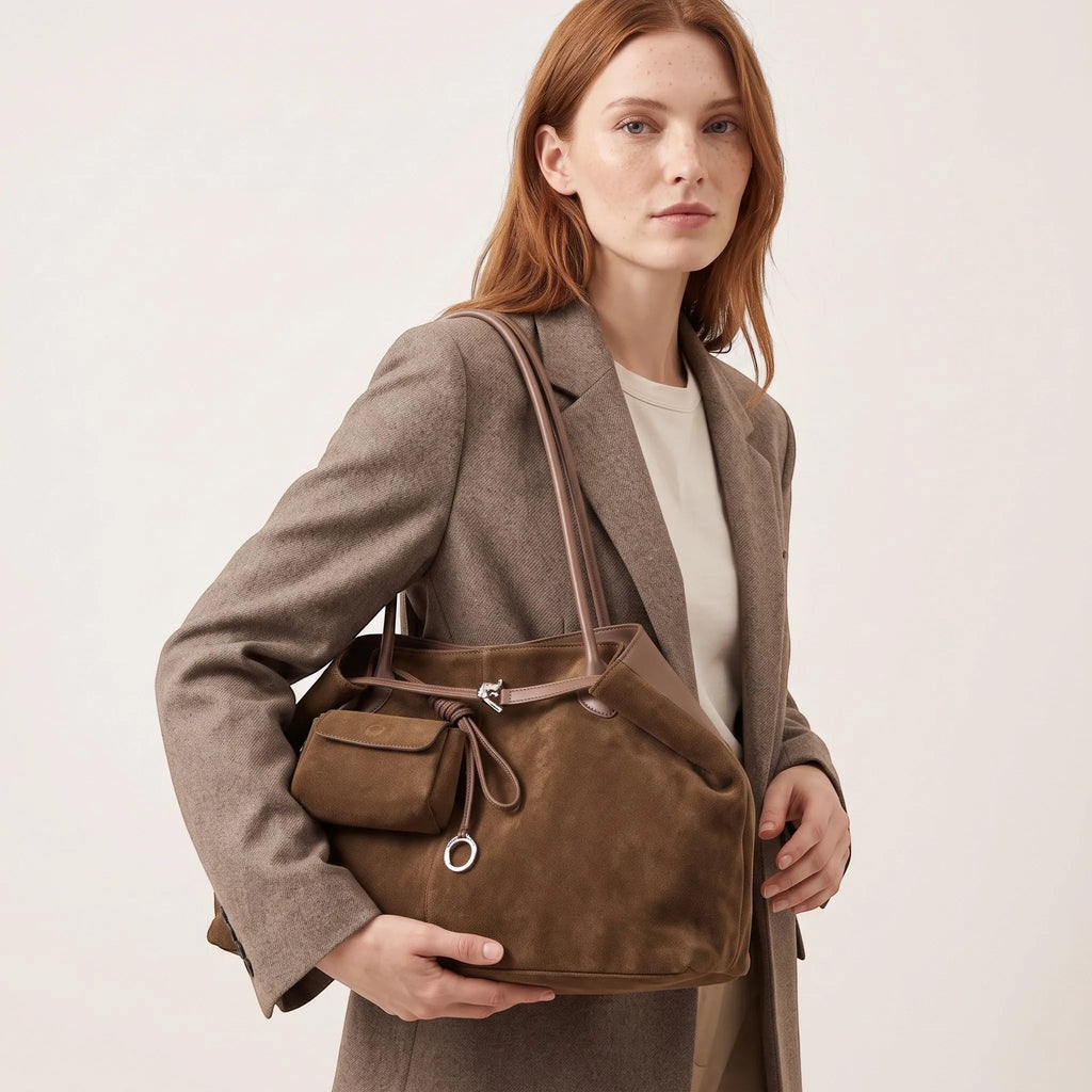 Grand sac tote daim cordon coulissant pochette amovible Marron