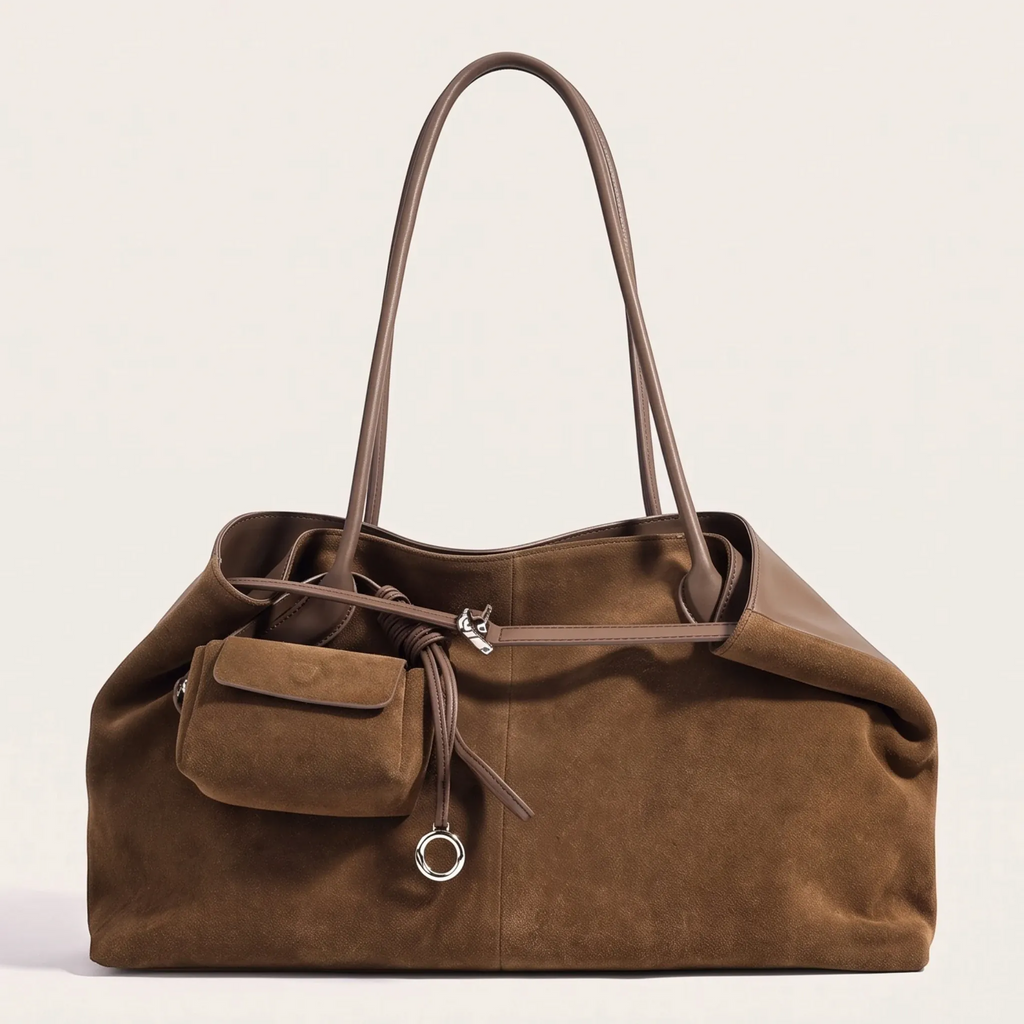 Grand sac tote daim cordon coulissant pochette amovible Marron
