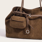 Grand sac tote daim cordon coulissant pochette amovible Marron