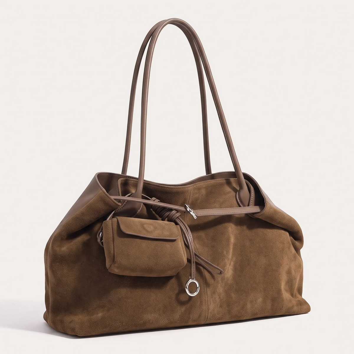 Grand sac tote daim cordon coulissant pochette amovible Marron
