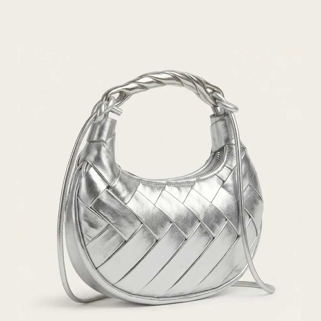 Mini sac lune cuir tressé argent