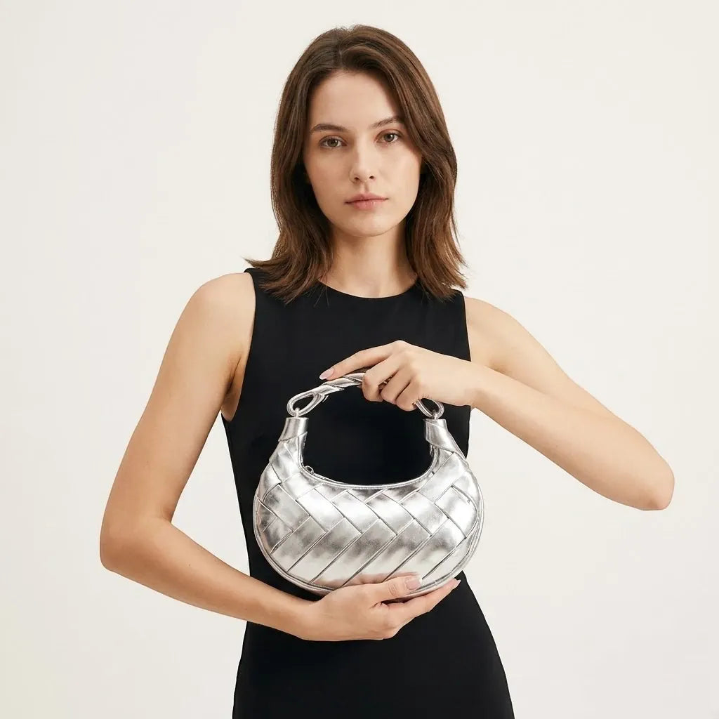 Mini sac lune cuir tressé argent
