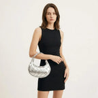 Mini sac lune cuir tressé argent