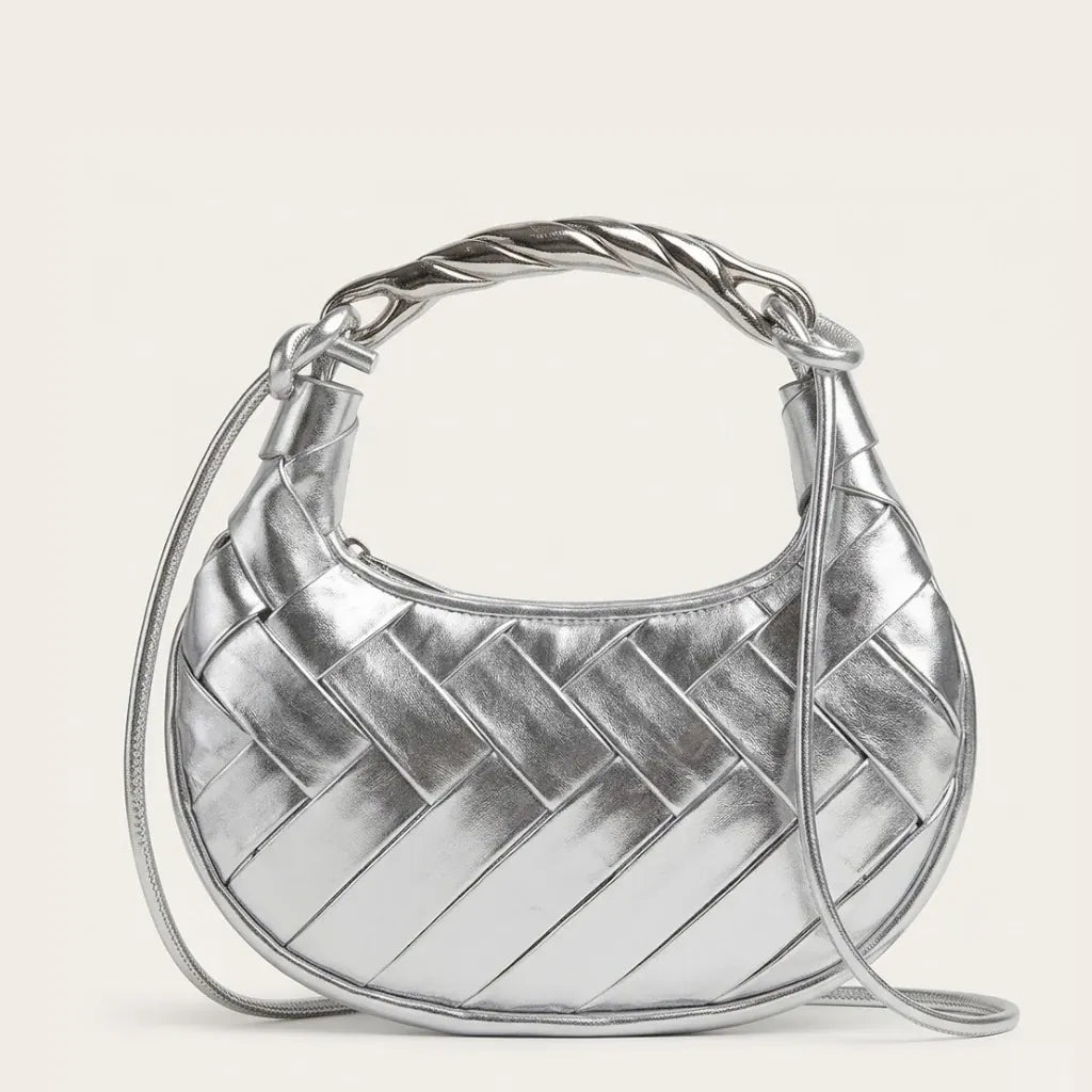 Mini sac lune cuir tressé argent