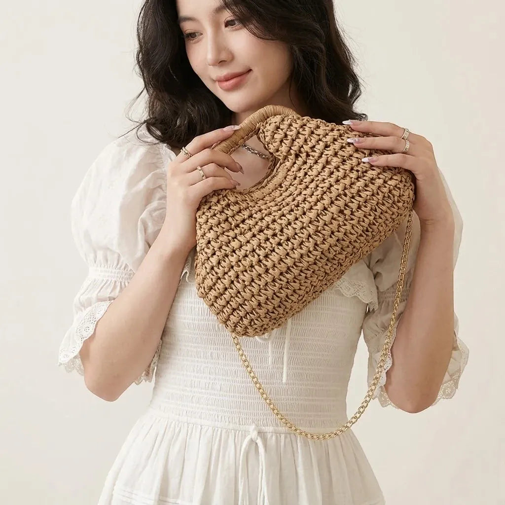 Mini sac paille chaîne or Khaki