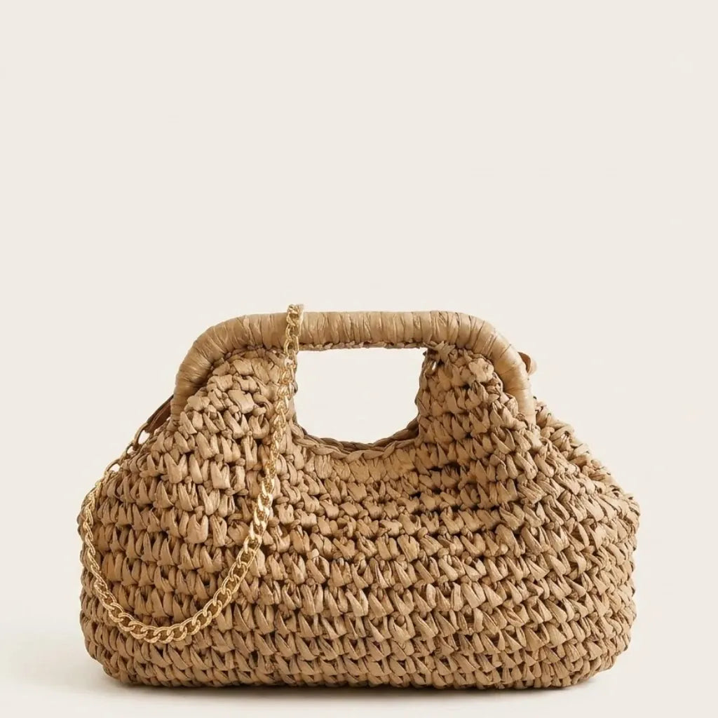 Mini sac paille chaîne or Khaki