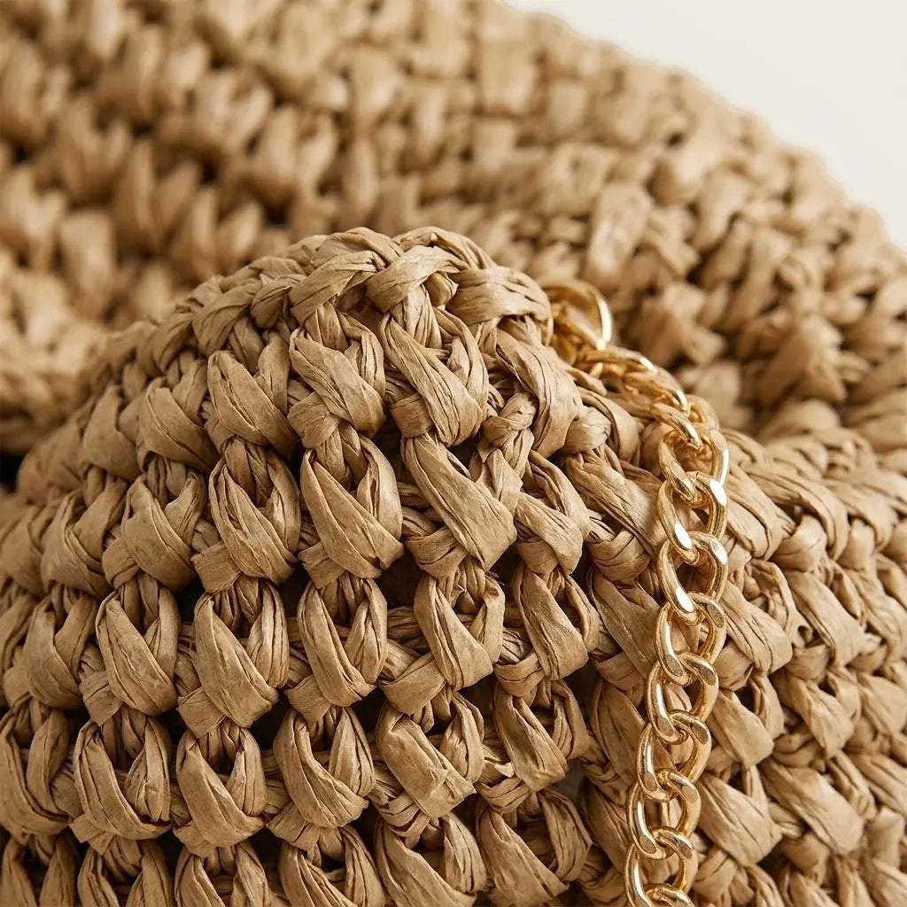 Mini sac paille chaîne or Khaki