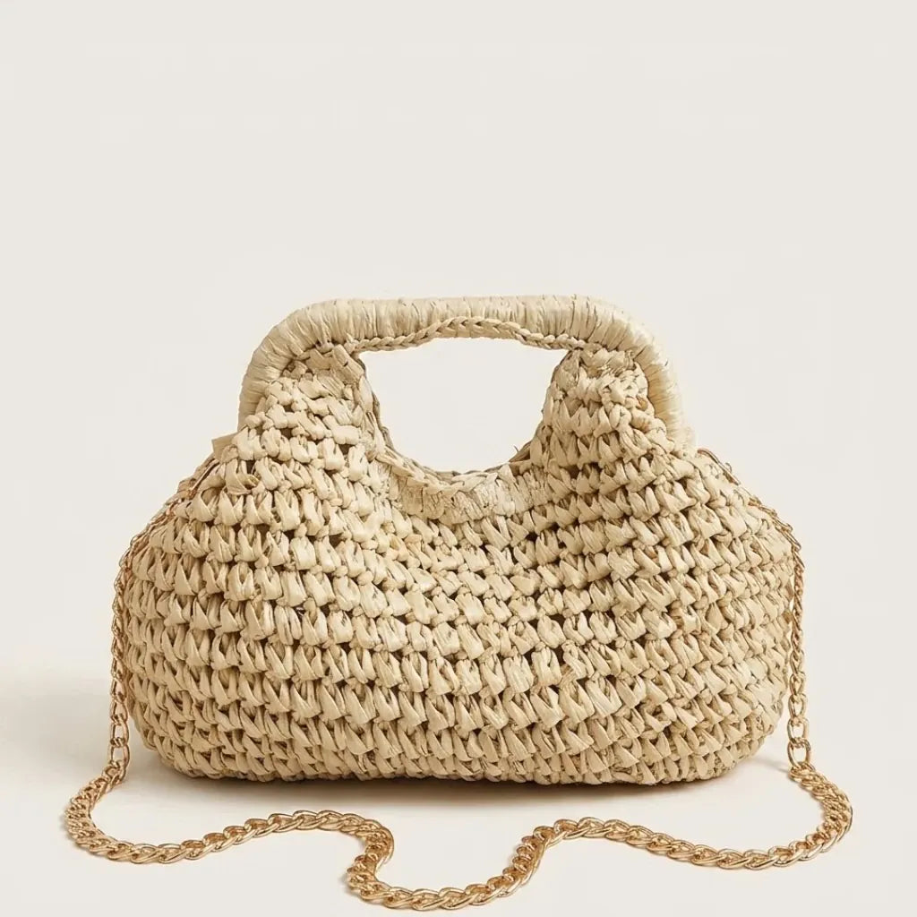 Mini sac paille chaîne or Beige