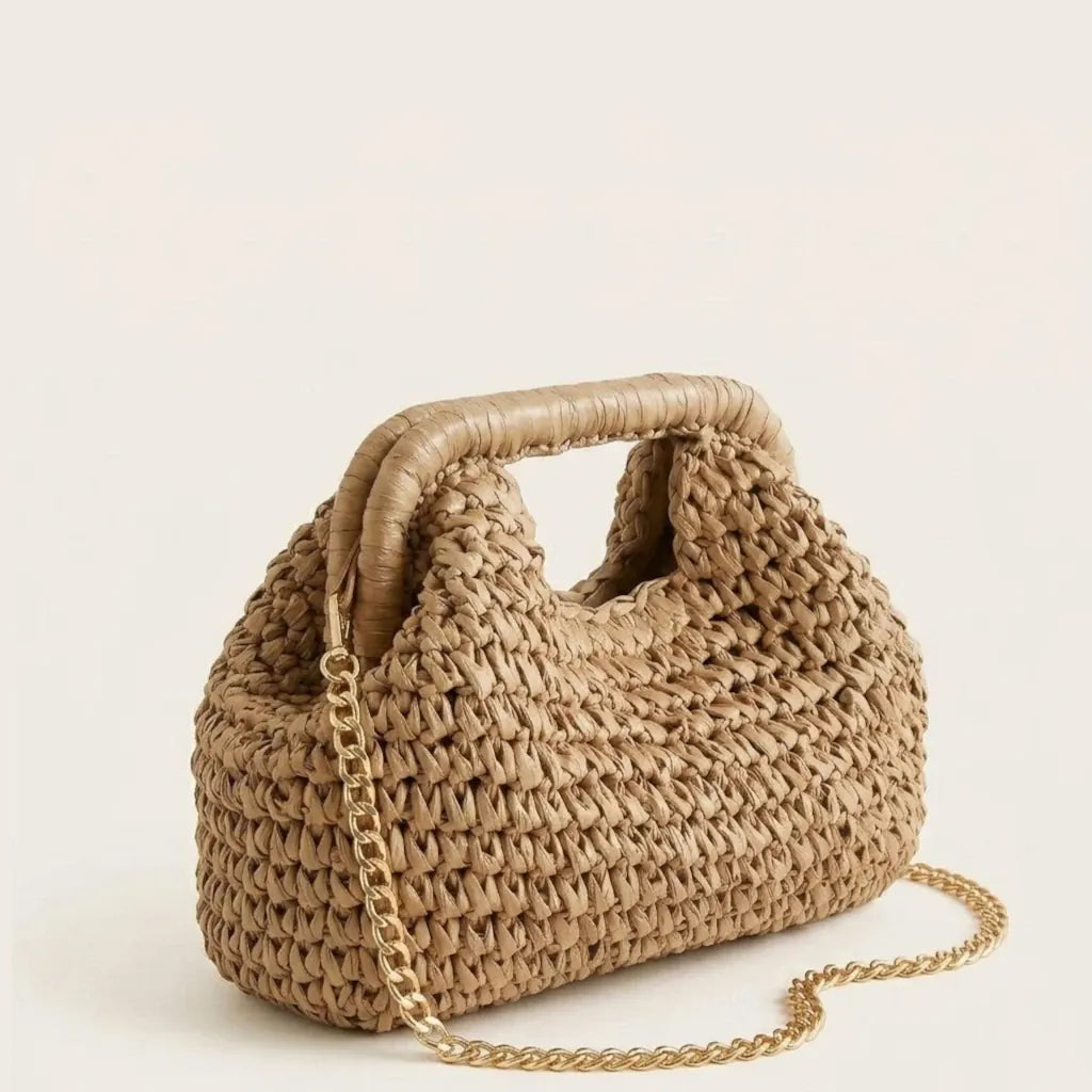 Mini sac paille chaîne or Khaki
