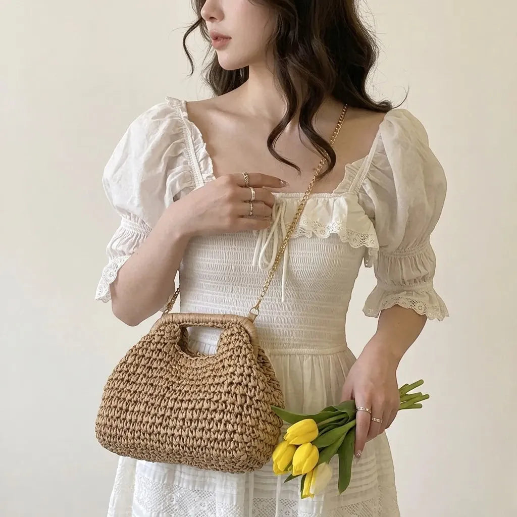 Mini sac paille chaîne or Khaki