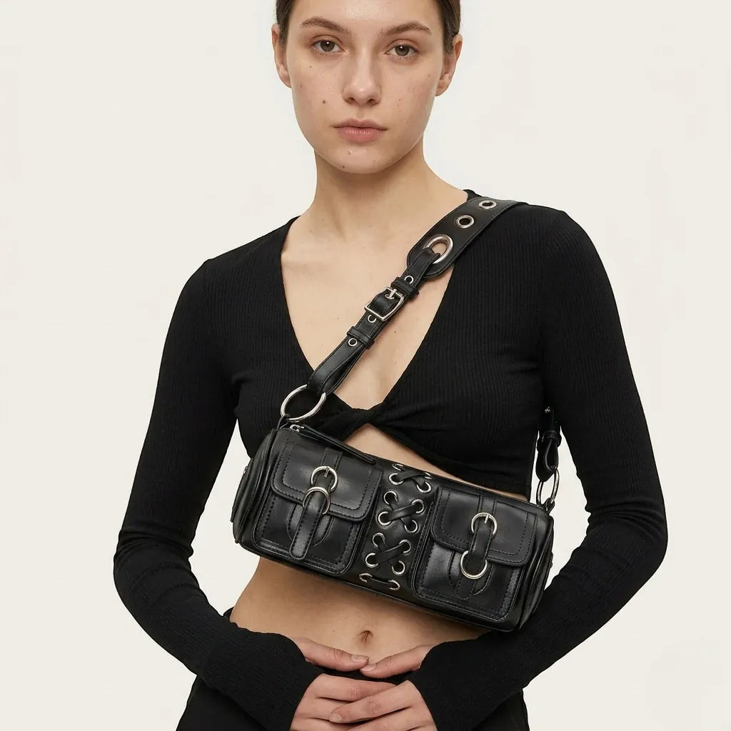 Mini sac tonneau œillets noir