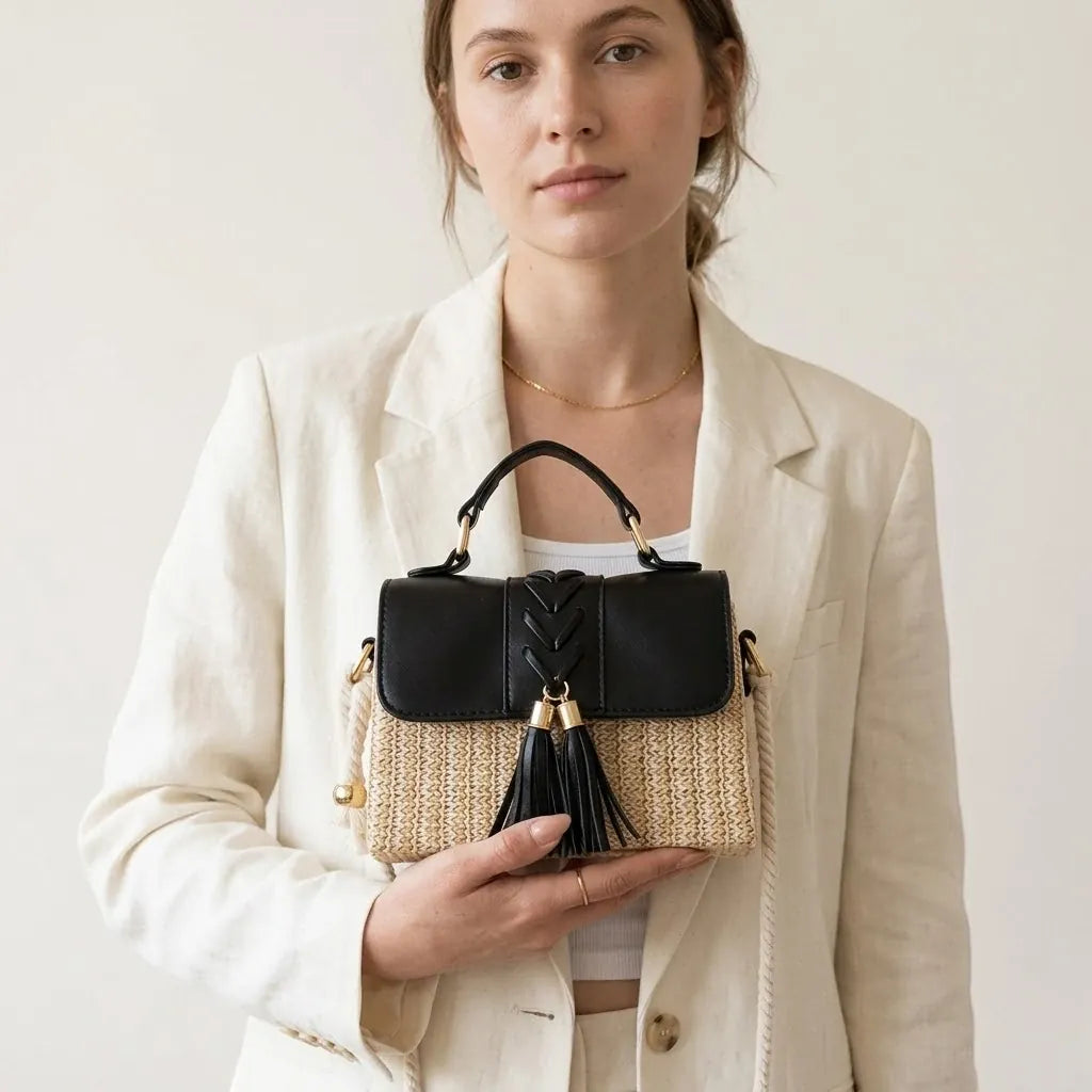 Sac paille cuir vegan pompon corde Noir