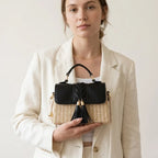 Sac paille cuir vegan pompon corde Noir