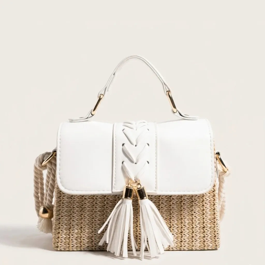 Sac paille cuir vegan pompon corde Blanc