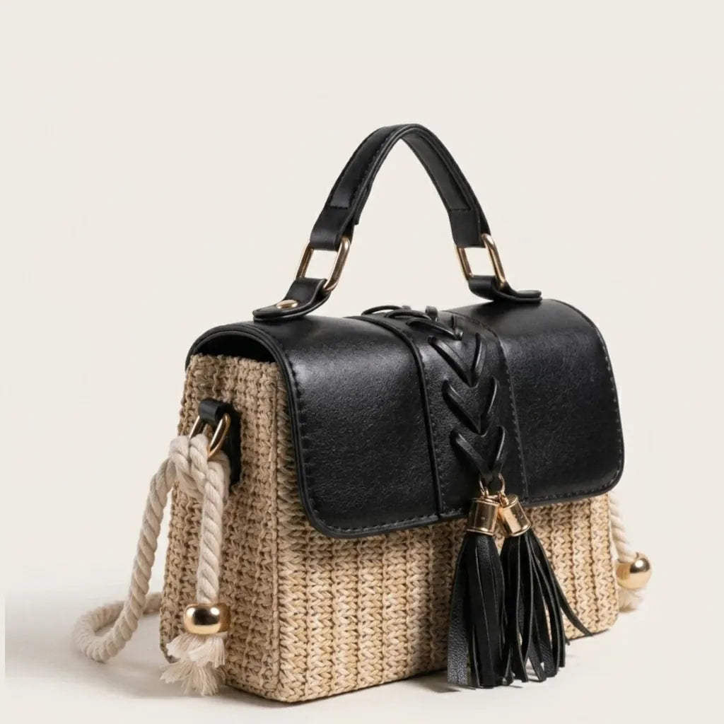 Sac paille cuir vegan pompon corde Noir