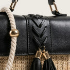 Sac paille cuir vegan pompon corde Noir