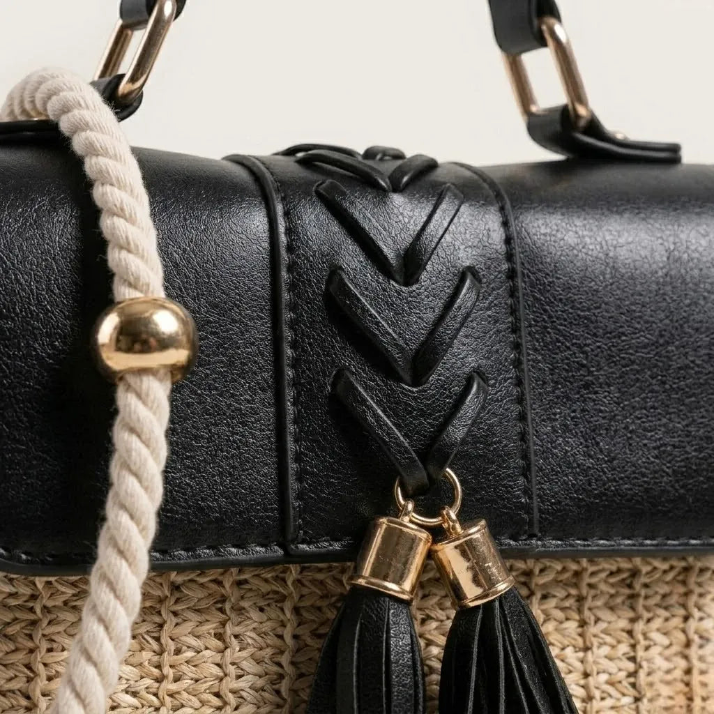 Sac paille cuir vegan pompon corde Noir
