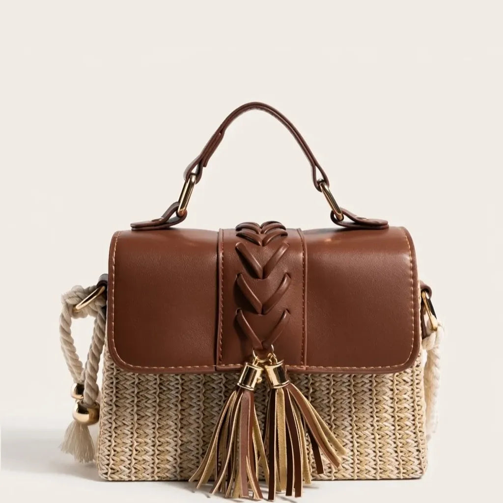 Sac paille cuir vegan pompon corde Marron