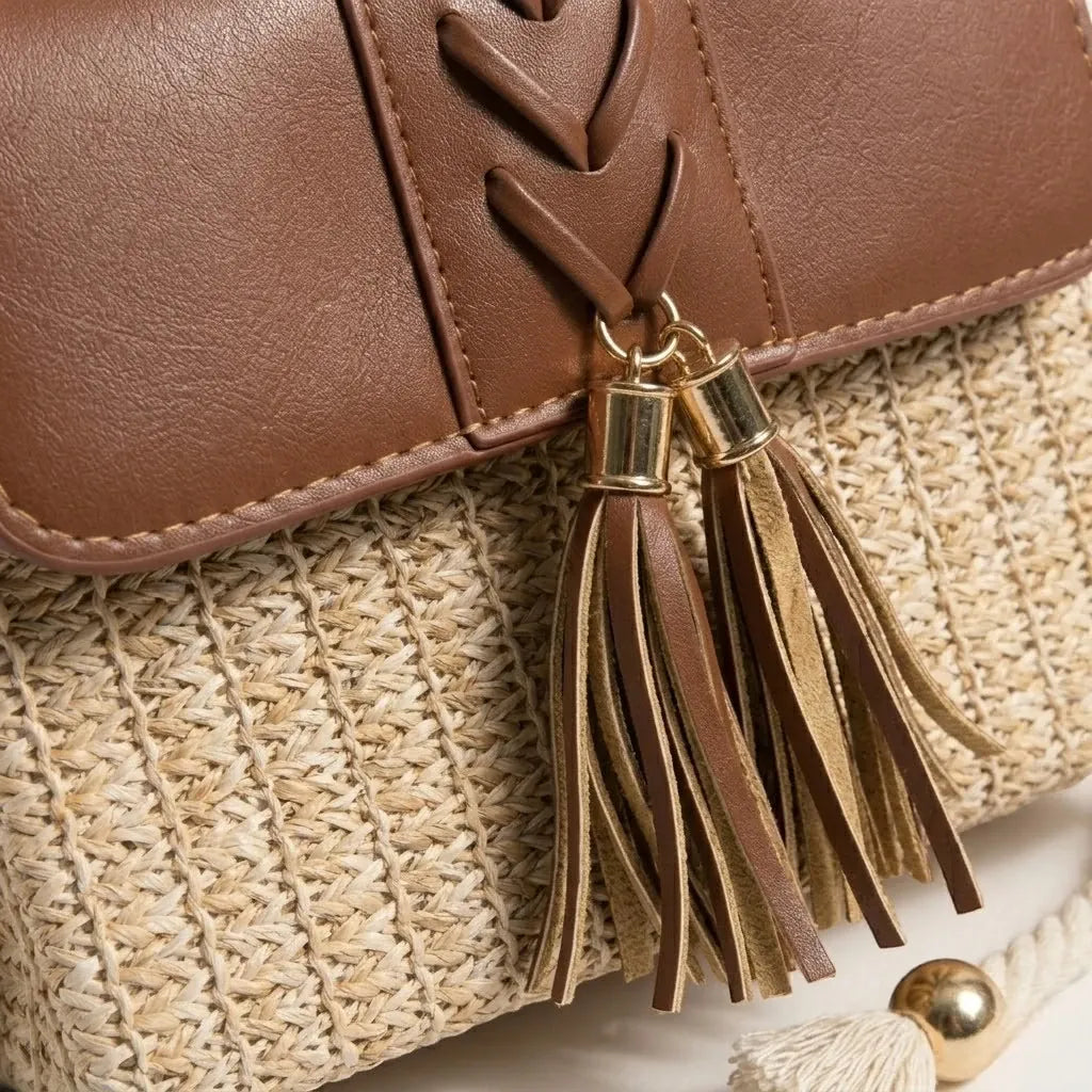 Sac paille cuir vegan pompon corde Marron