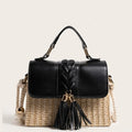 Sac paille cuir vegan pompon corde Noir
