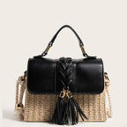 Sac paille cuir vegan pompon corde Noir