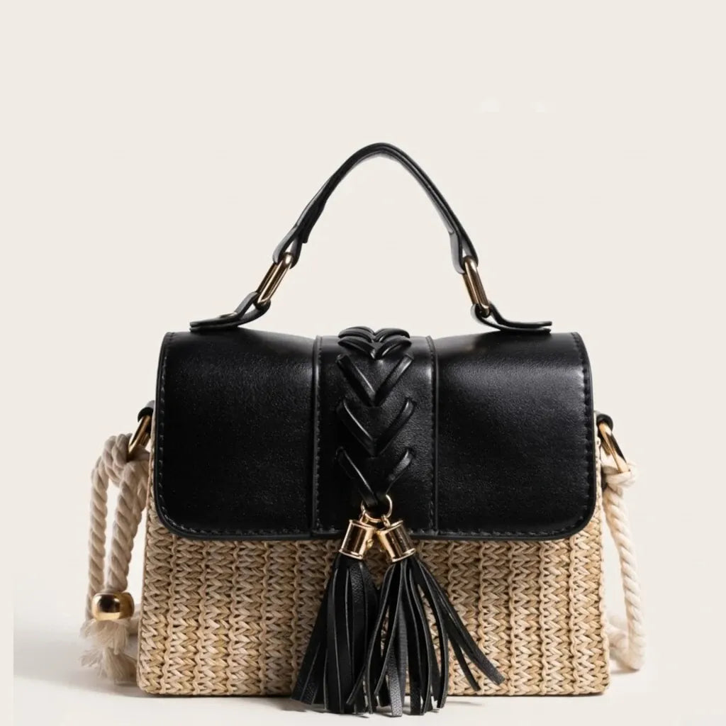 Sac paille cuir vegan pompon corde Noir