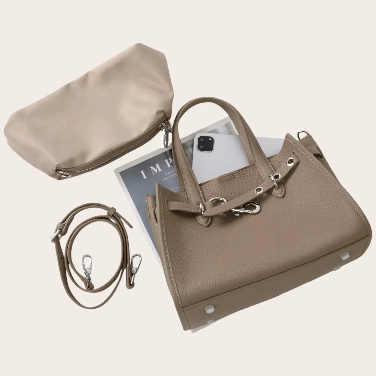 Petit sac cabas en cuir grainé Khaki