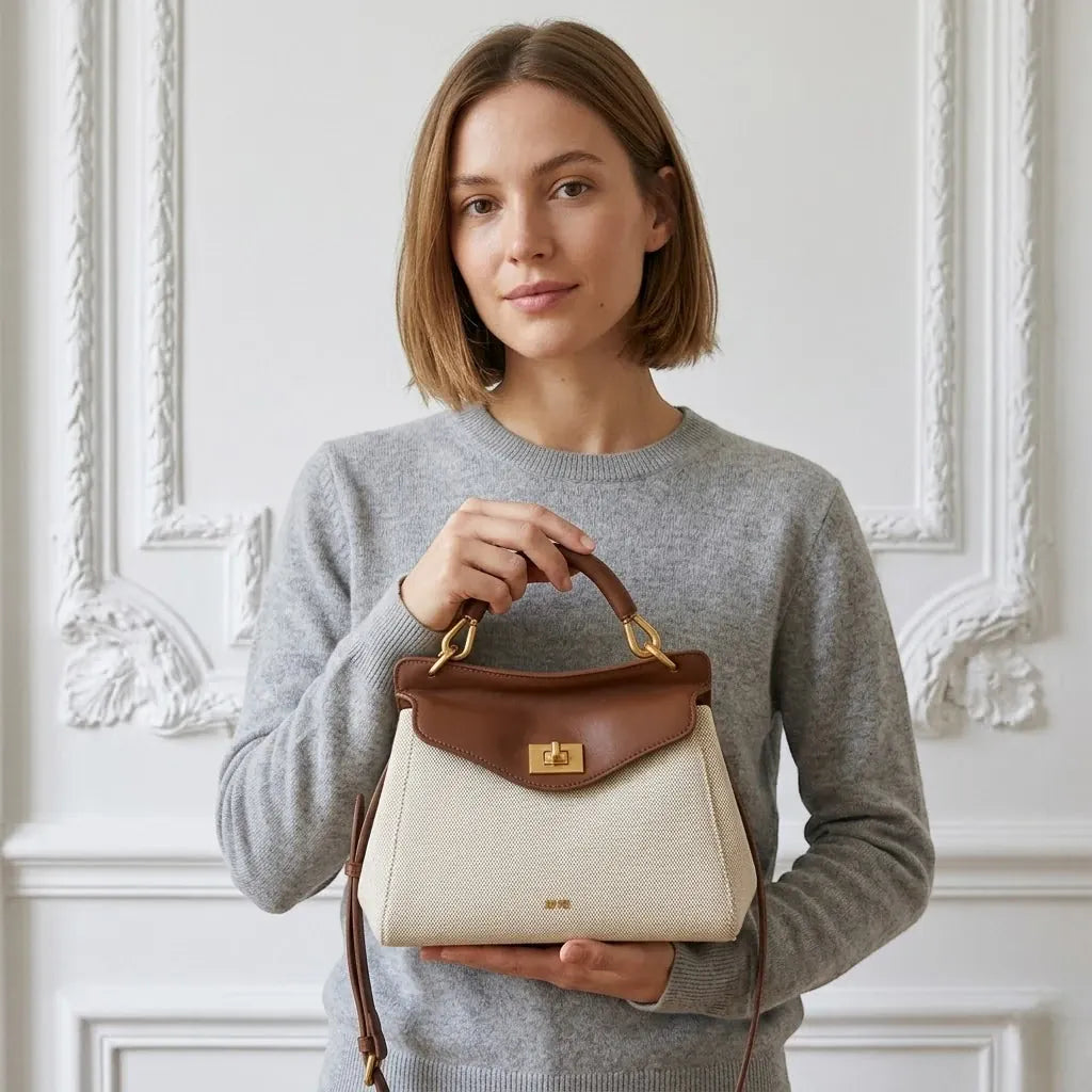 Sac a main bicolore en toile et cuir Marron