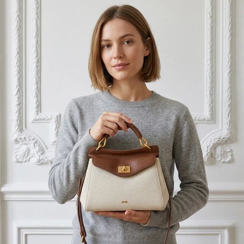 Sac a main bicolore en toile et cuir Marron