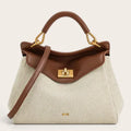 Sac a main bicolore en toile et cuir Marron