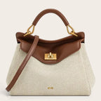 Sac a main bicolore en toile et cuir Marron