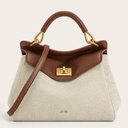 Sac a main bicolore en toile et cuir Marron