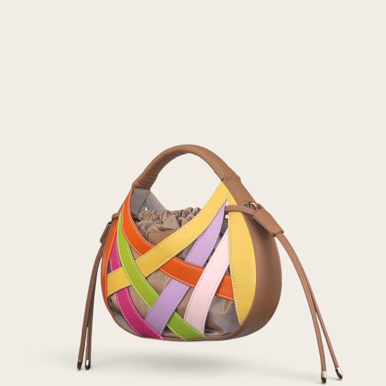 Sac a main cage cuir vegan tressé Multicolor rond