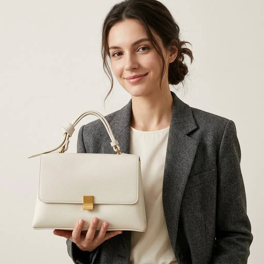 Sac a main cartable cuir vegan fermoir métal doré Blanc