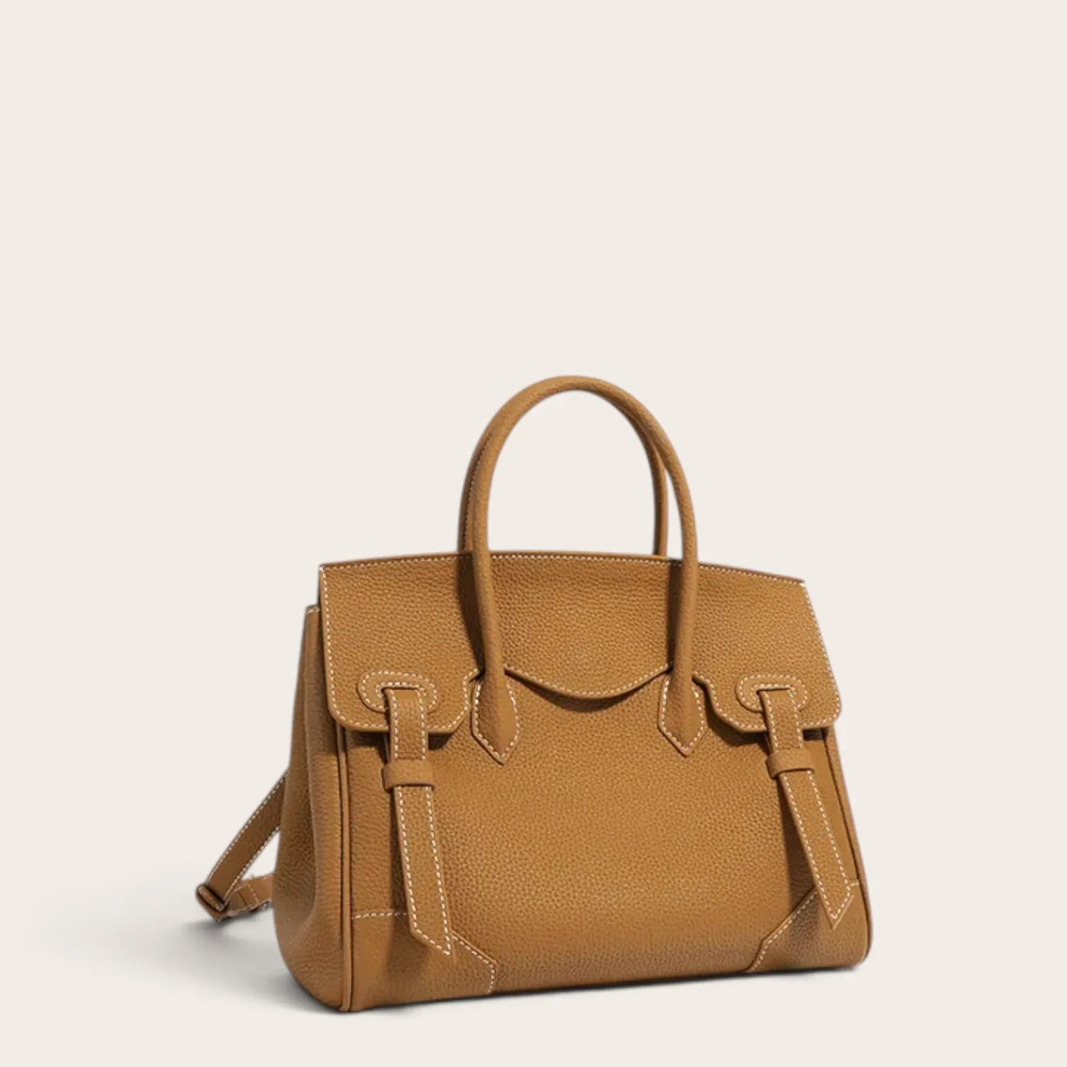 Sac à main cuir grainé rabat sellier Camel