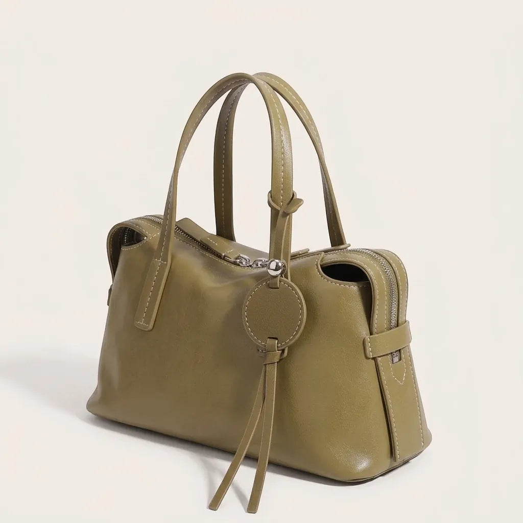 Sac a main grand médaillon rond en cuir Kaki