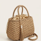 Sac a main panier raphia tressé pompon Khaki
