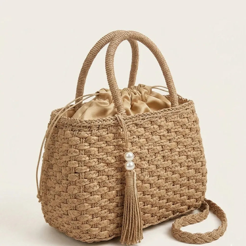 Sac a main panier raphia tressé pompon Khaki
