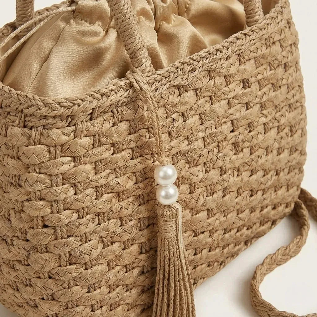 Sac a main panier raphia tressé pompon Khaki
