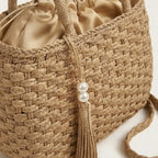 Sac a main panier raphia tressé pompon Khaki